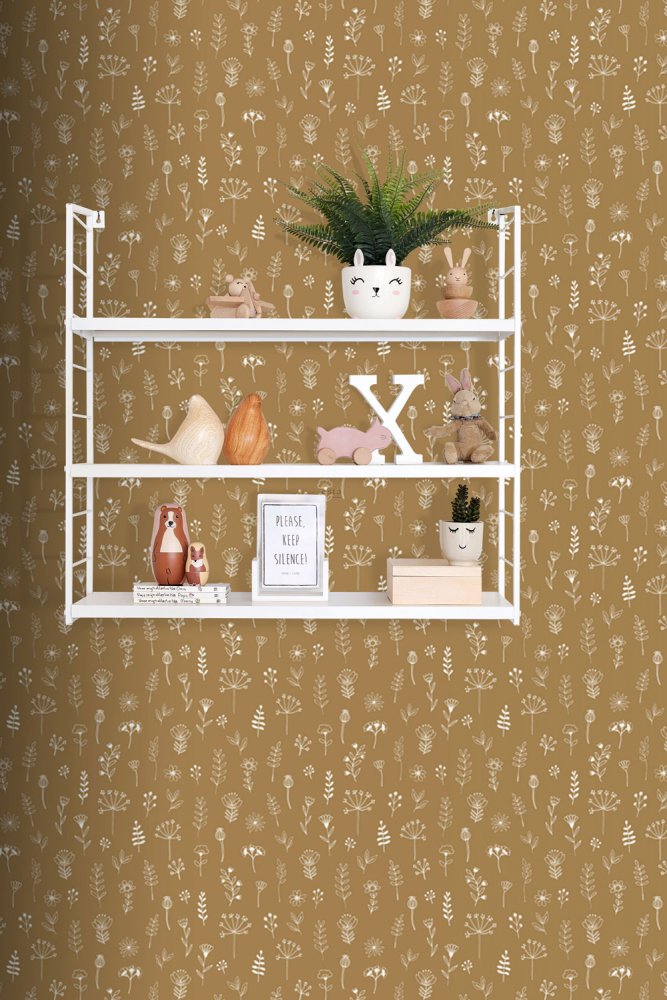 Dark ocher non-woven wallpaper, plants, flowers 139281, Forest Friends, Esta