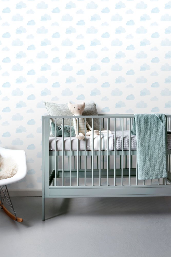 Non-woven white wallpaper with blue clouds 138930, Little Bandits, Esta