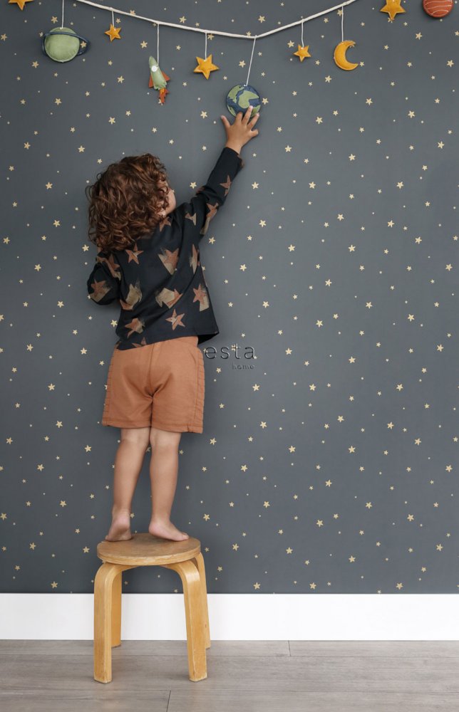 Gray-blue non-woven wallpaper with golden stars 139261, Forest Friends, Esta