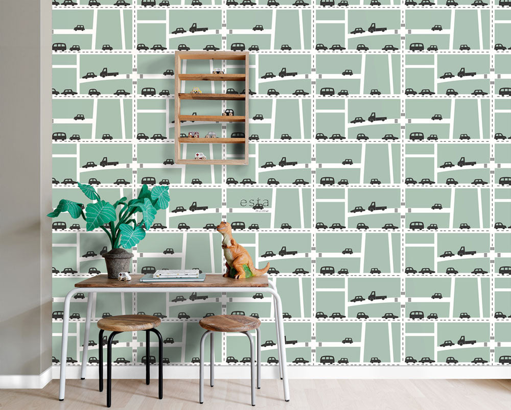 Green non-woven wallpaper for boys Cars, roads 139283, Forest Friends, Esta