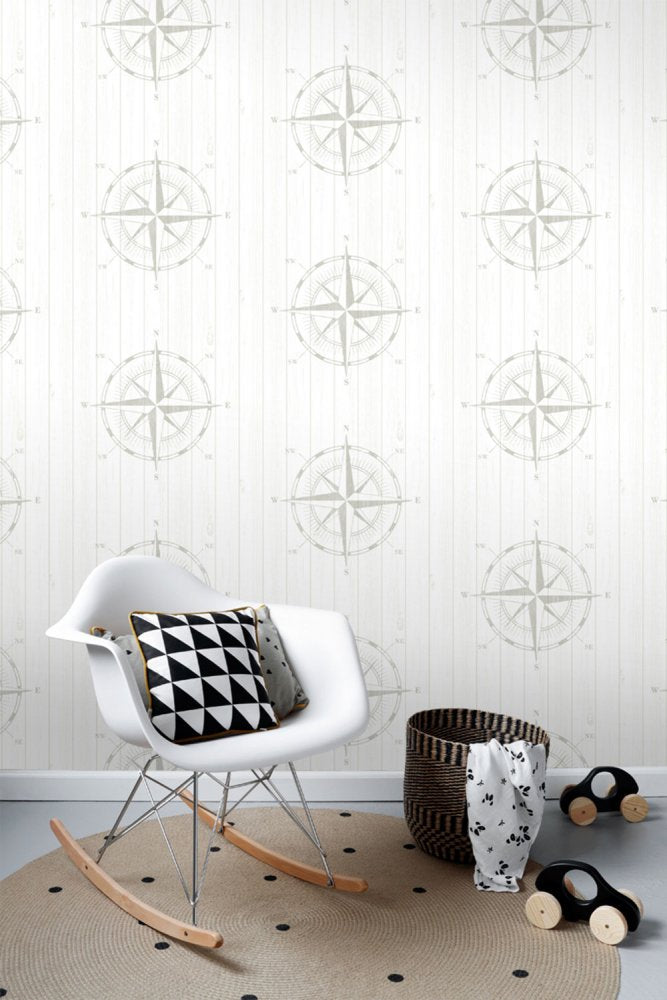 Non-woven wallpaper, compass on planks 138974, Regatta Crew, Esta Home