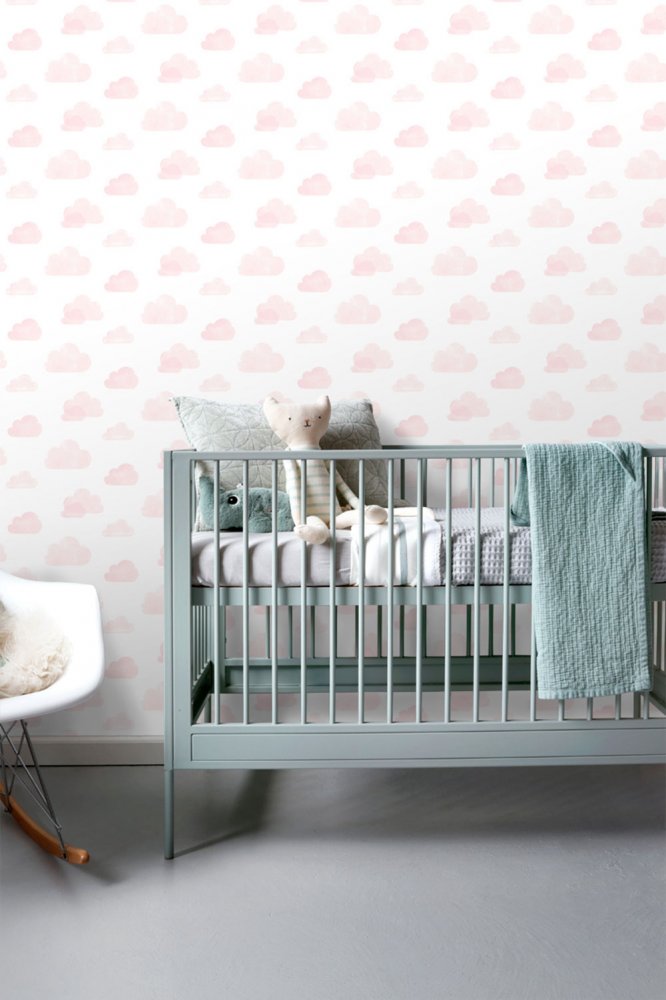 Non-woven white wallpaper with pink clouds 138929, Little Bandits, Esta