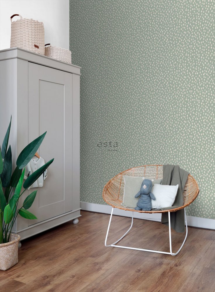 Green non-woven wallpaper with white irregular ovals 139256, Forest Friends, Esta