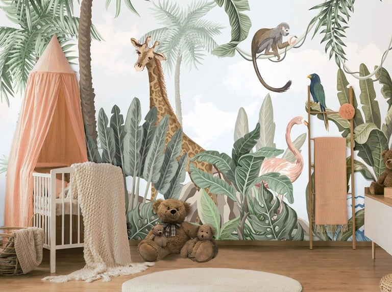 Pink Flamingo and Giraffe Safari Animals Wallpaper Mural