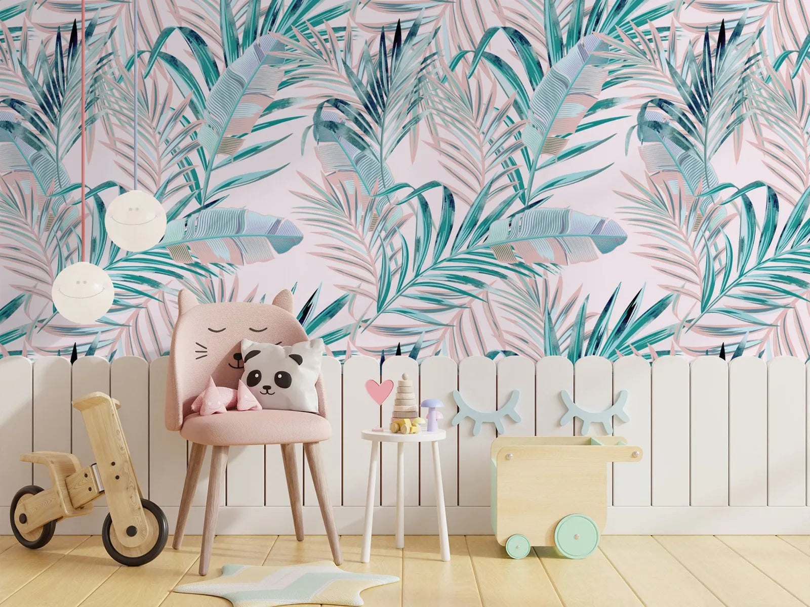 Tropical Palm Leaves Pink Floral Pattern Wallpaper