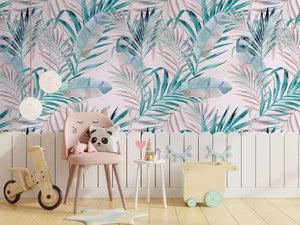 Tropical Palm Leaves Pink Floral Pattern Wallpaper