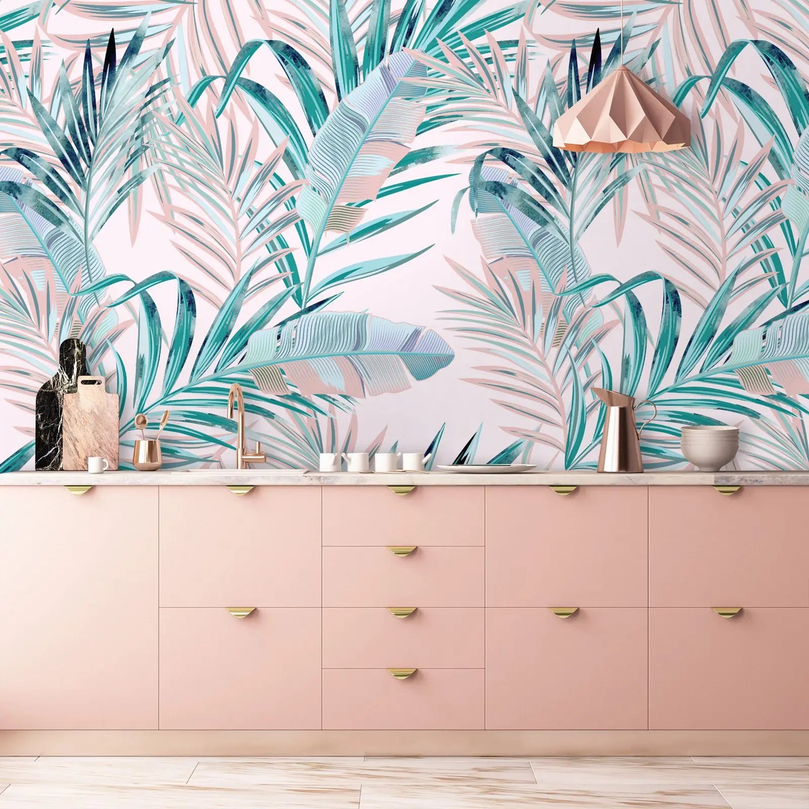 Tropical Palm Leaves Pink Floral Pattern Wallpaper