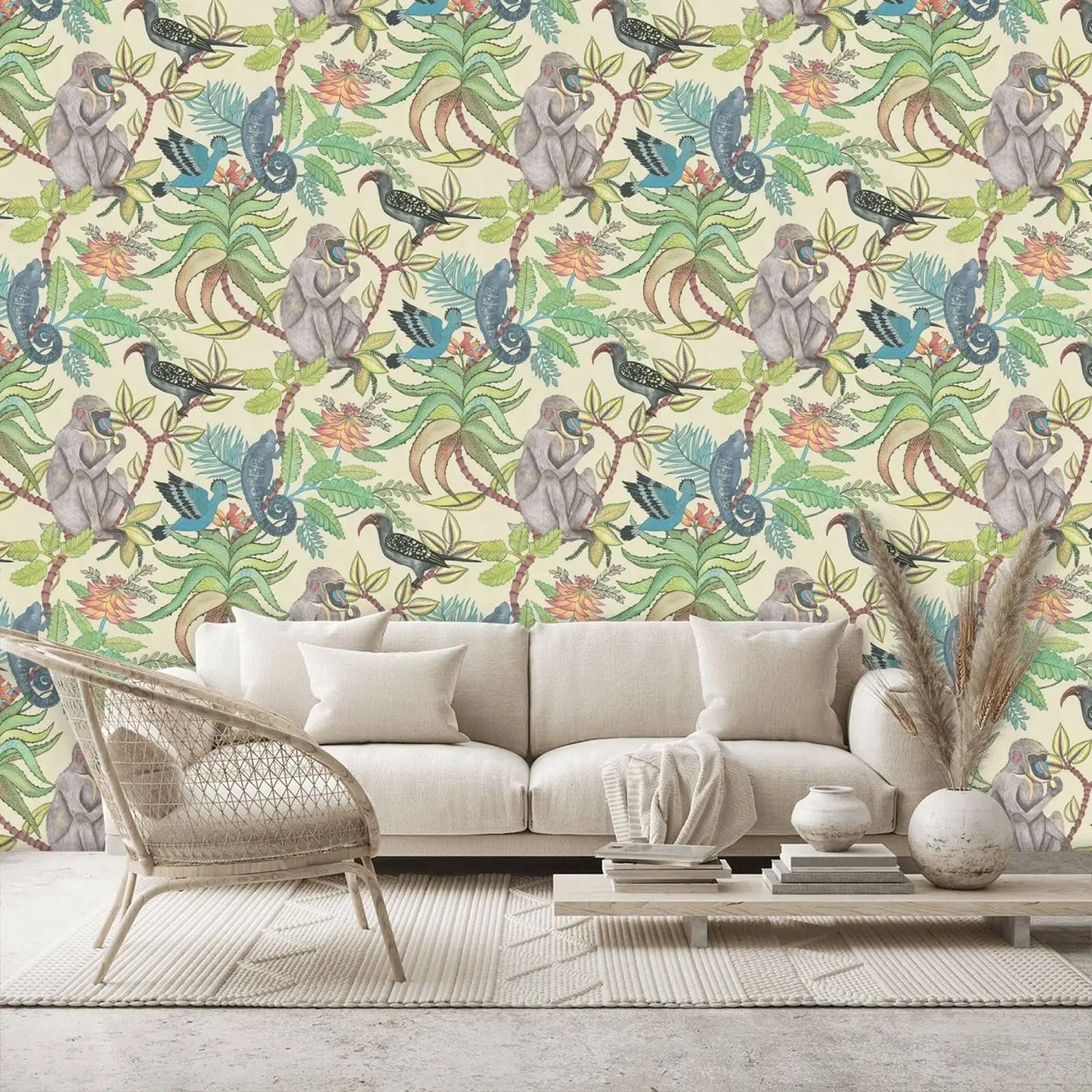 Baboon And Birds Pattern Non-Woven Wallpaper