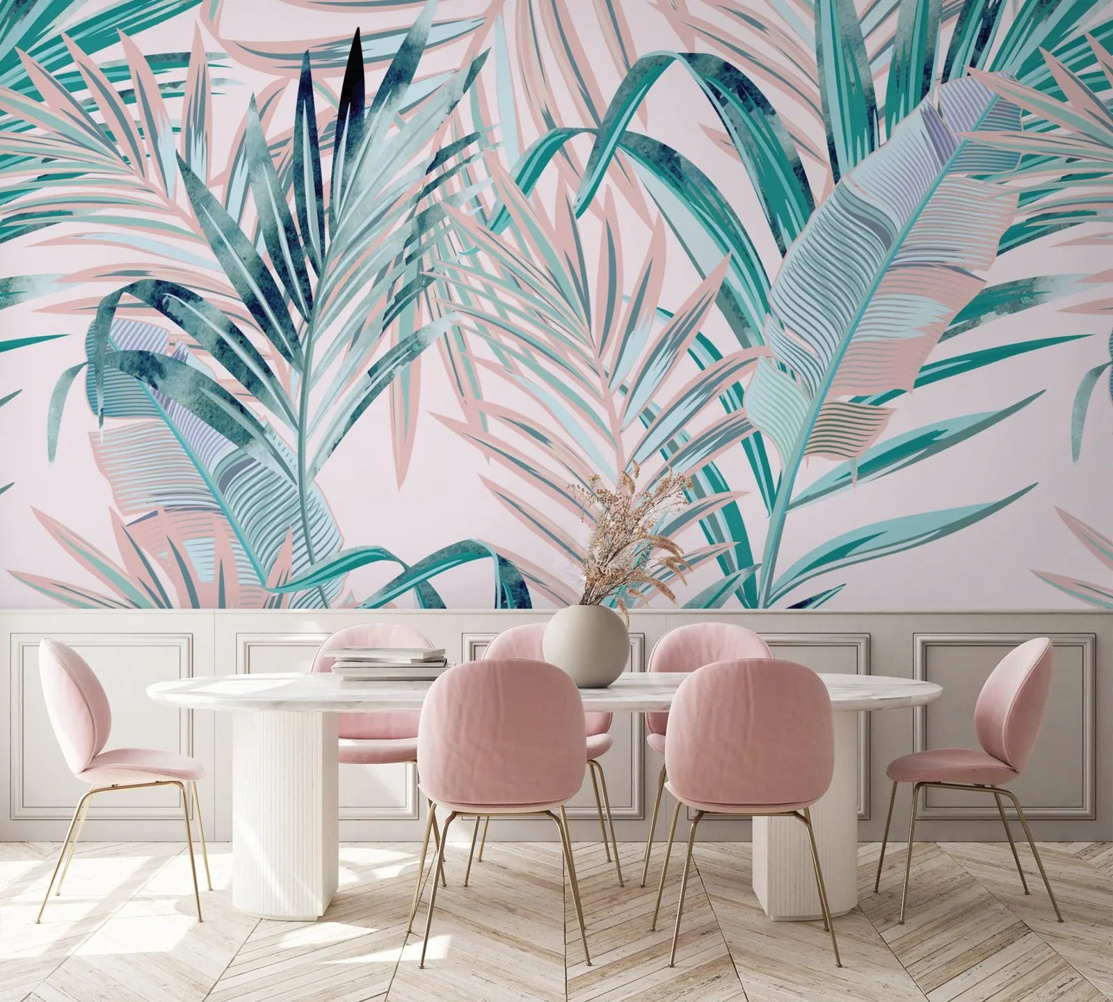 Tropical Palm Leaves Pink Floral Pattern Wallpaper