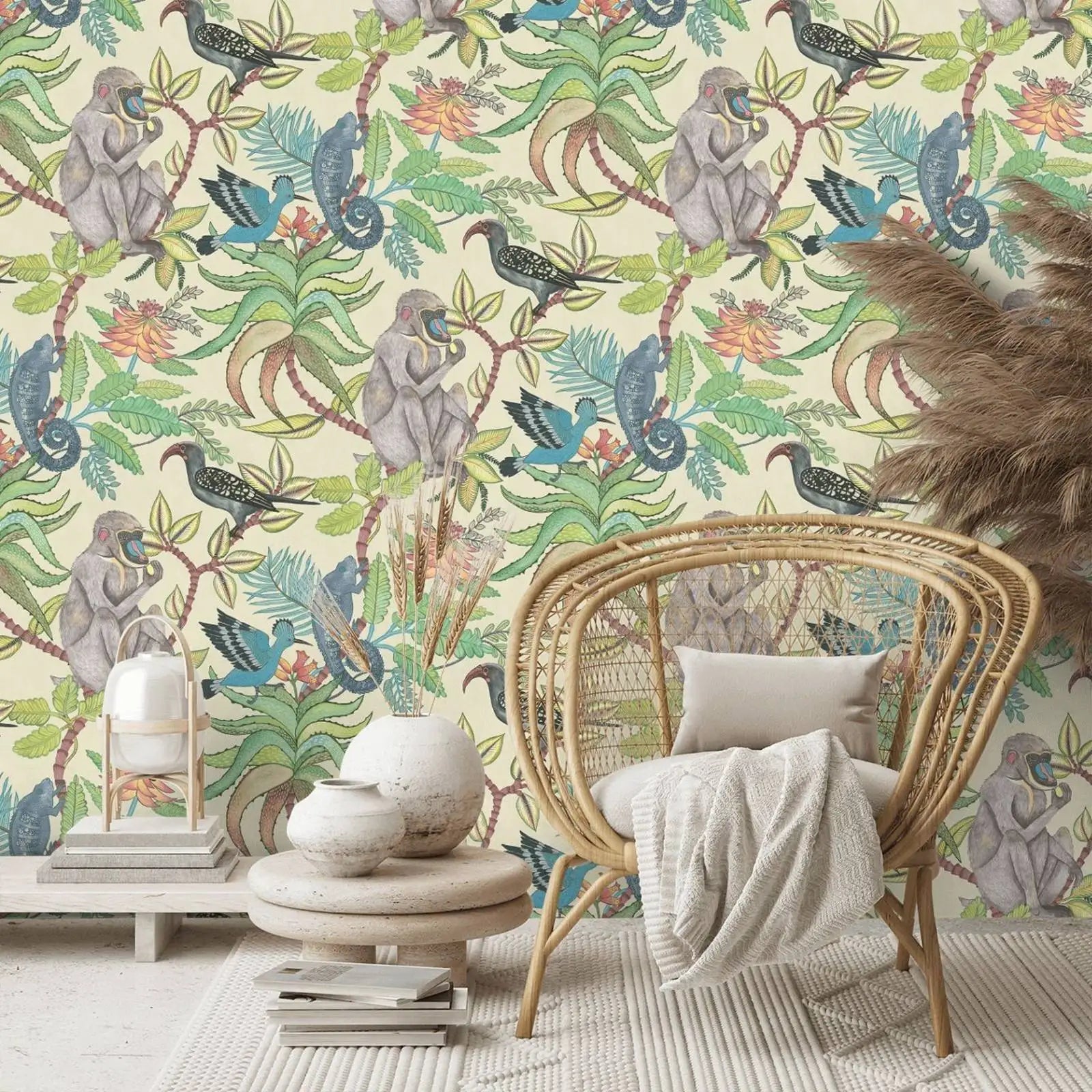 Baboon And Birds Pattern Non-Woven Wallpaper