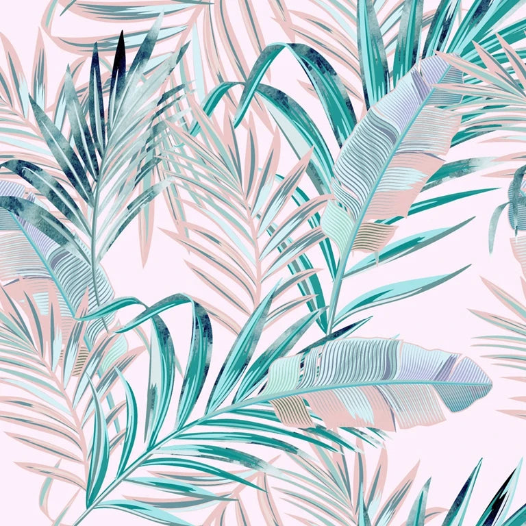 Tropical Palm Leaves Pink Floral Pattern Wallpaper