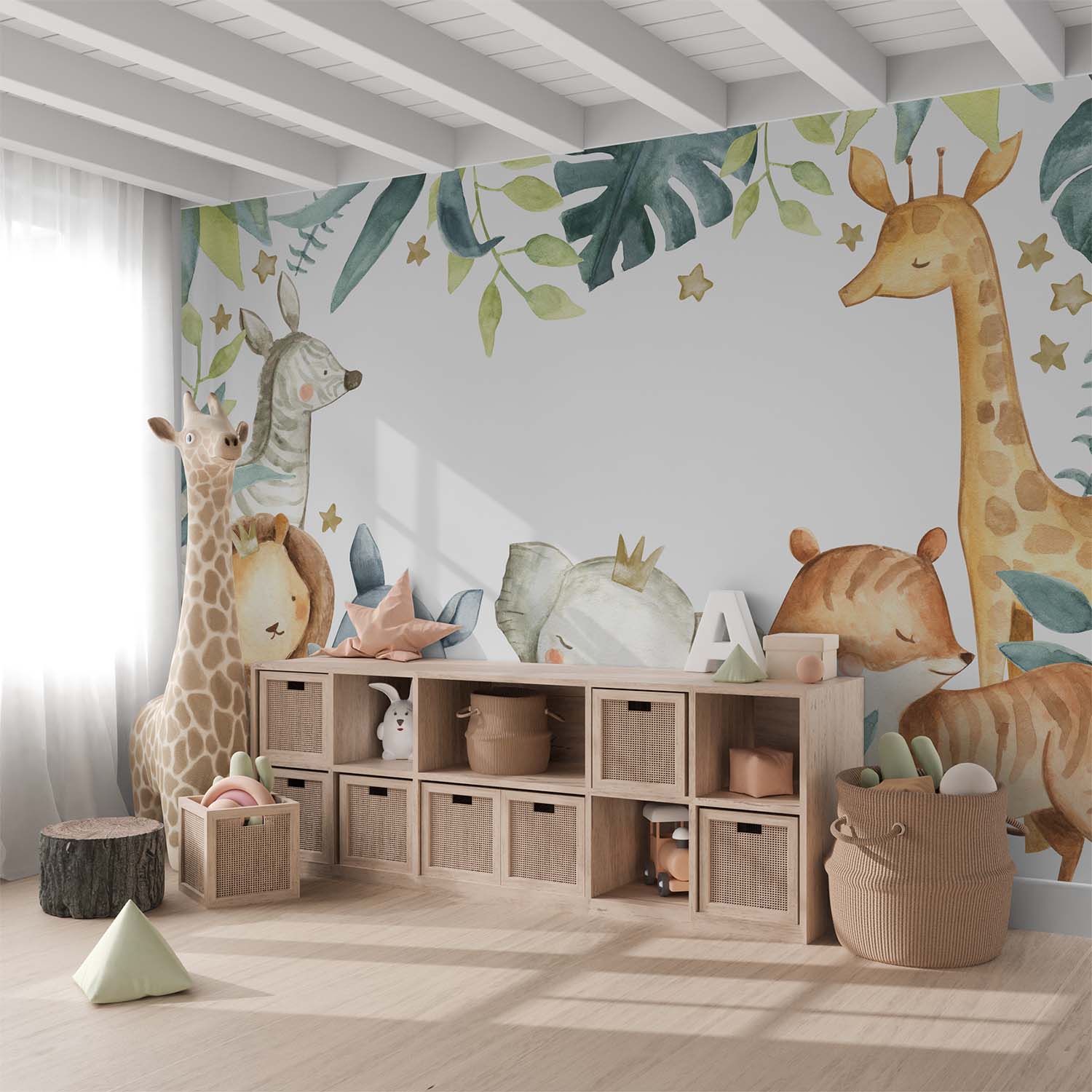 Cartoon Watercolor Safari Animal Friends Wallpaper Mural