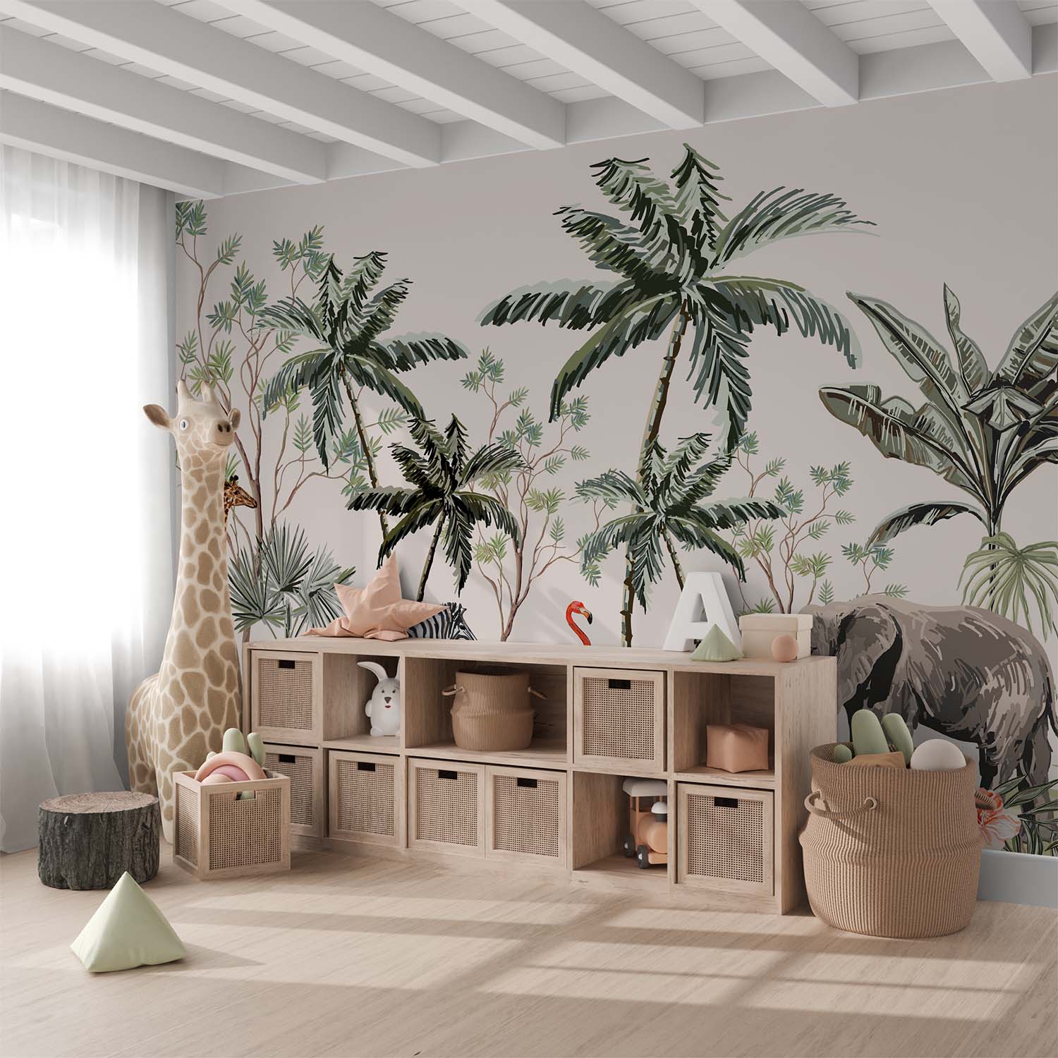 Colorful Drawn Palm Trees Animals Wallpaper Mural