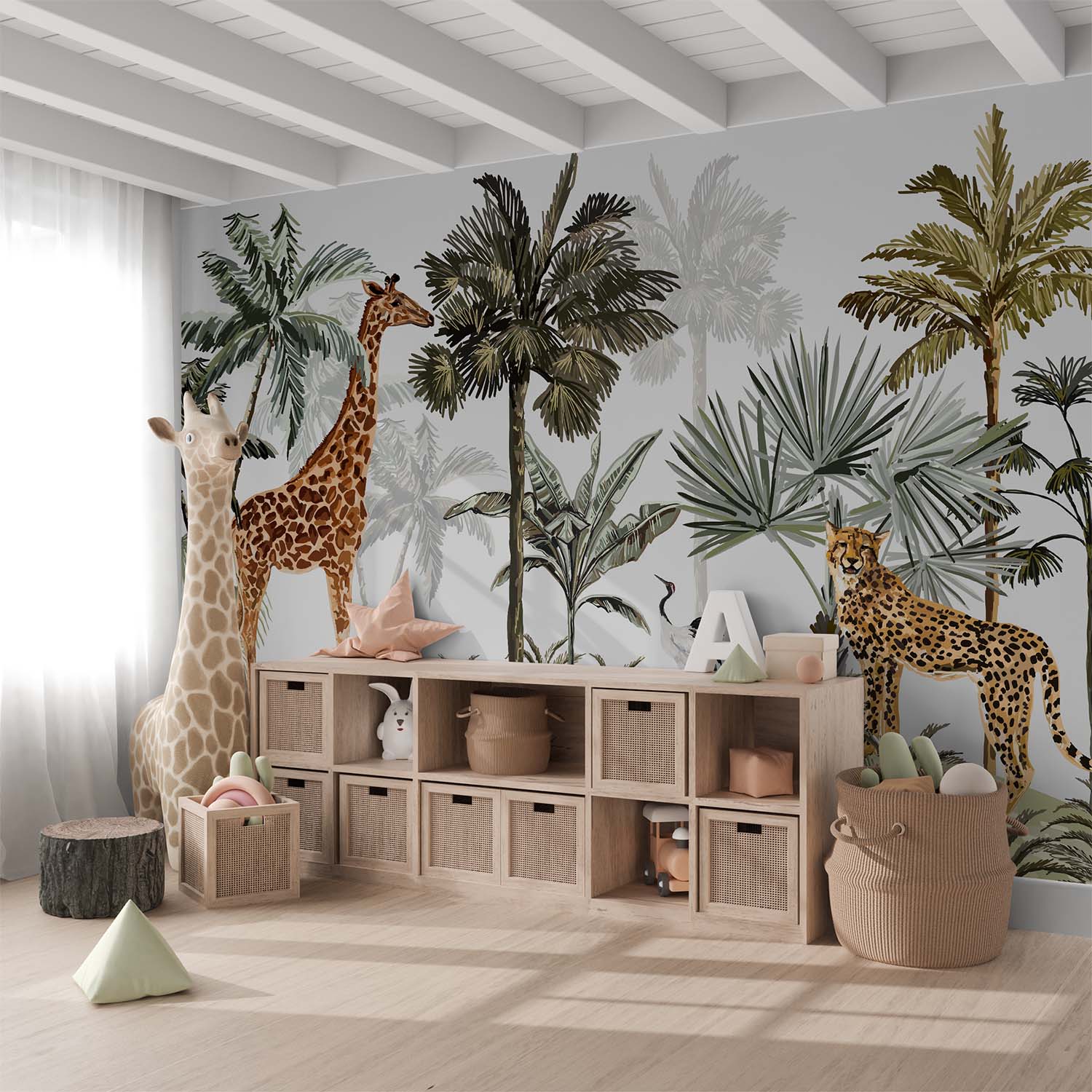 Giraffe and Leopard Safari Hills Wallpaper Mural