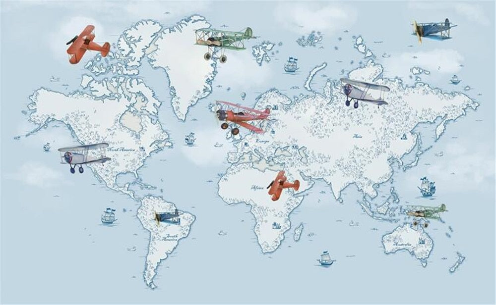 Blue World Map With Planes Wallpaper Mural