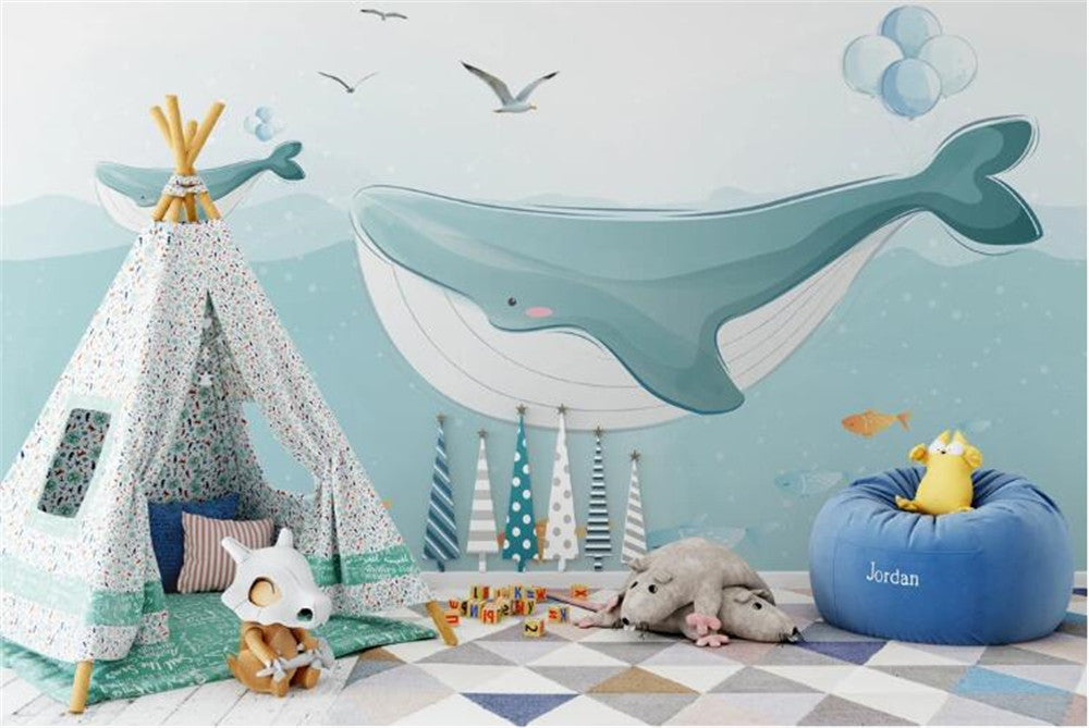 Cute Whales And Seagulls Wallpaper Mural