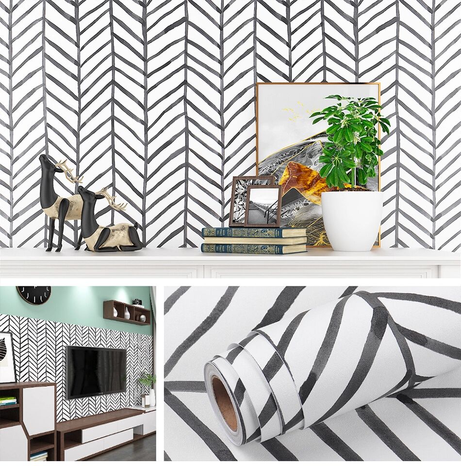 Black White Herringbone Stripes Peel and Stick Wallpaper