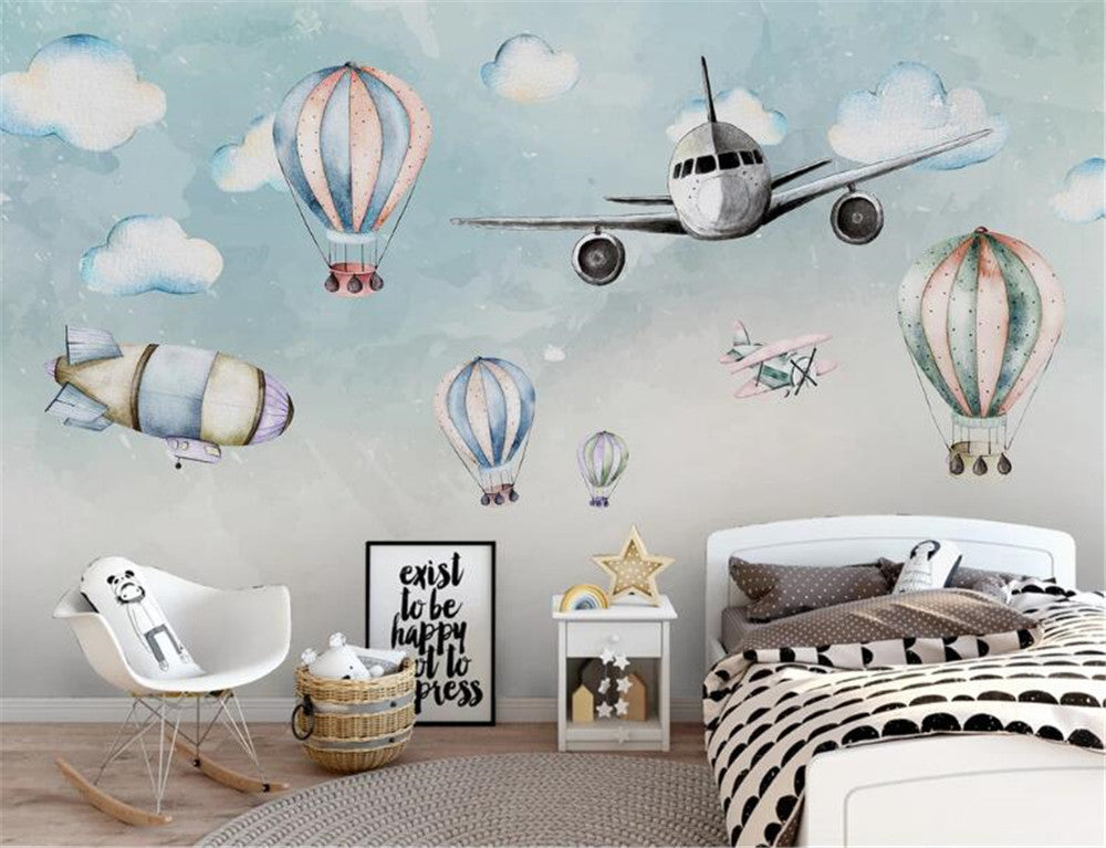 Cartoon Airplane And Hot Air Balloons Wallpaper Mural
