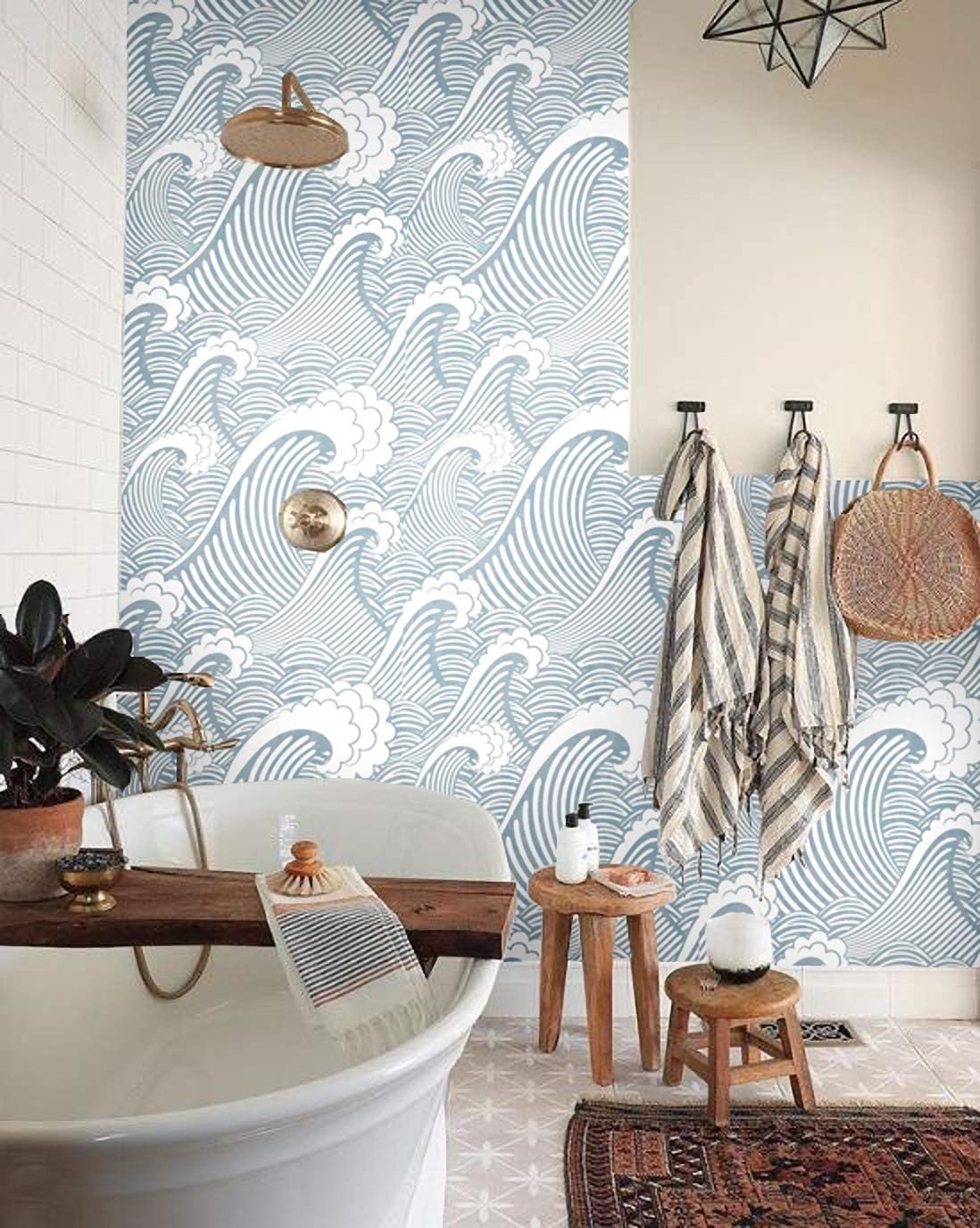 Painted Blue/White Waves Peel And Stick Wallpaper