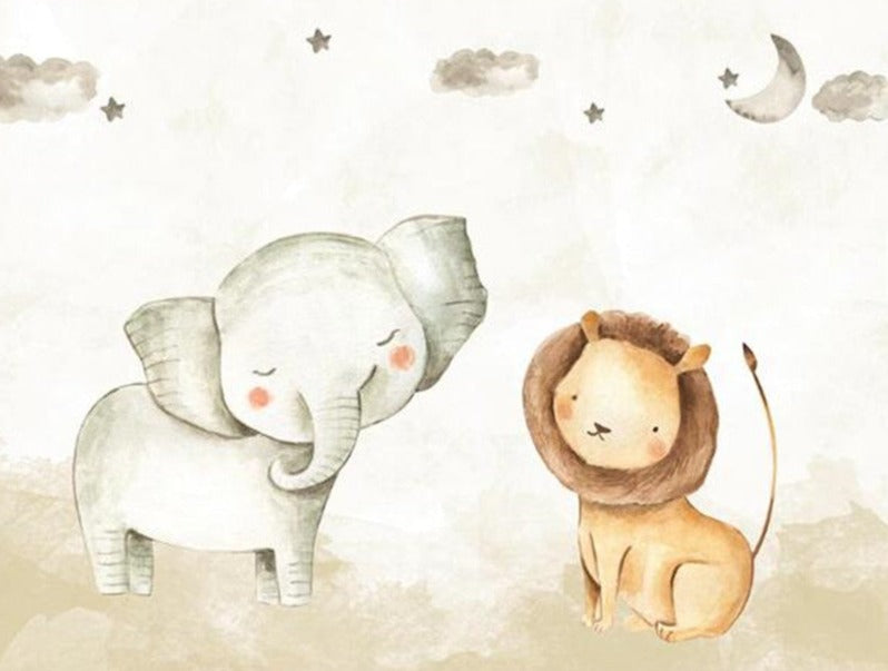 Cute Elephant And Lion Wallpaper Mural