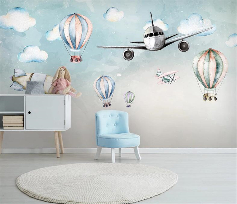 Cartoon Airplane And Hot Air Balloons Wallpaper Mural