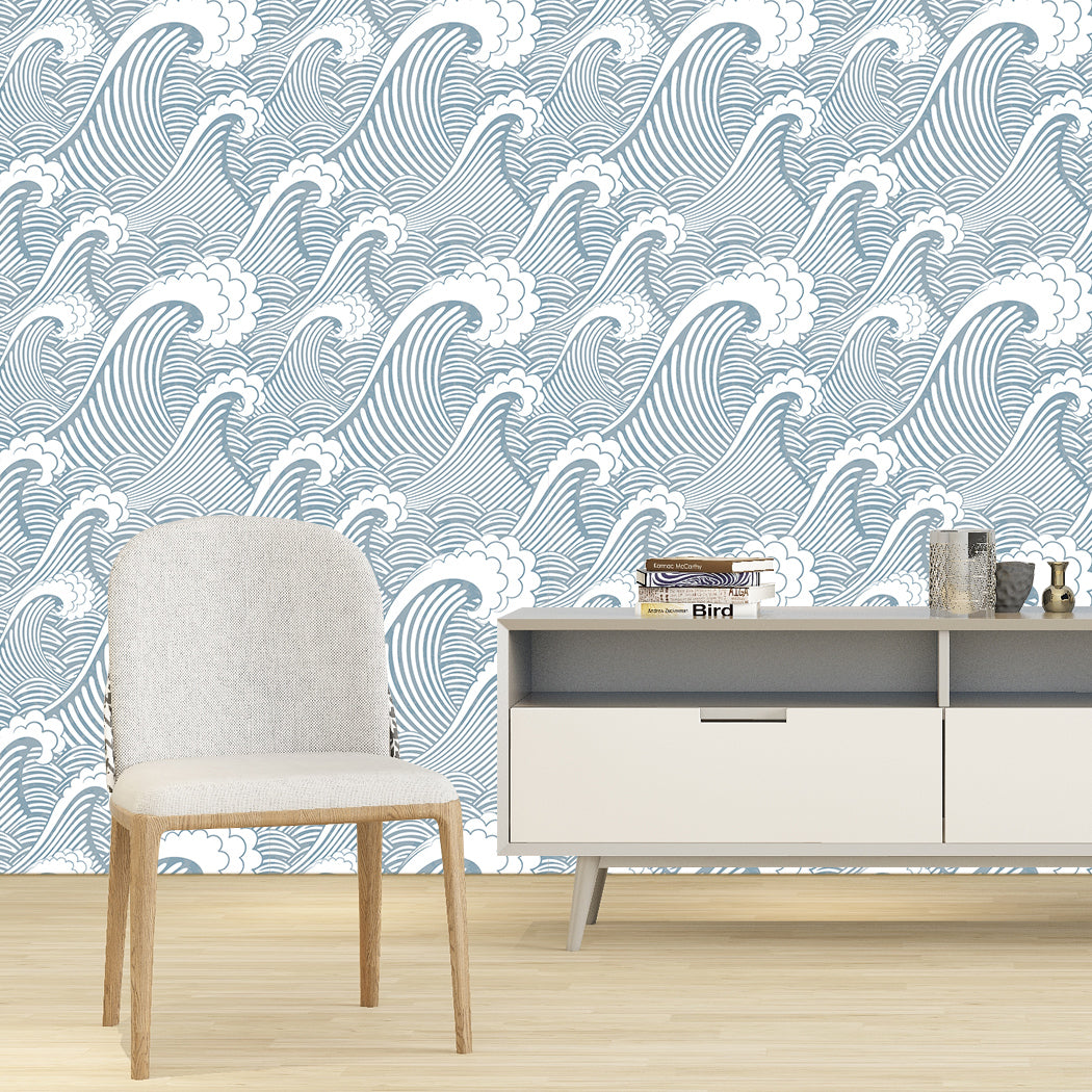 Painted Blue/White Waves Peel And Stick Wallpaper