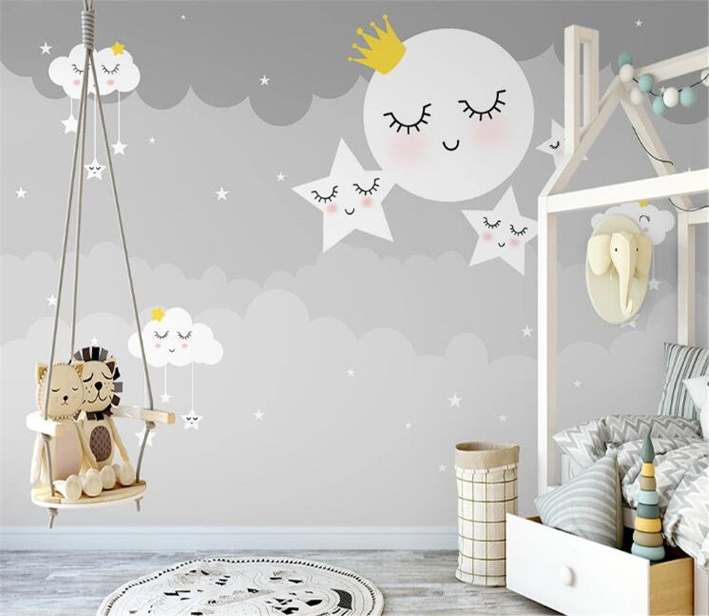 Grey Clouds With Moon And Stars Wallpaper Mural