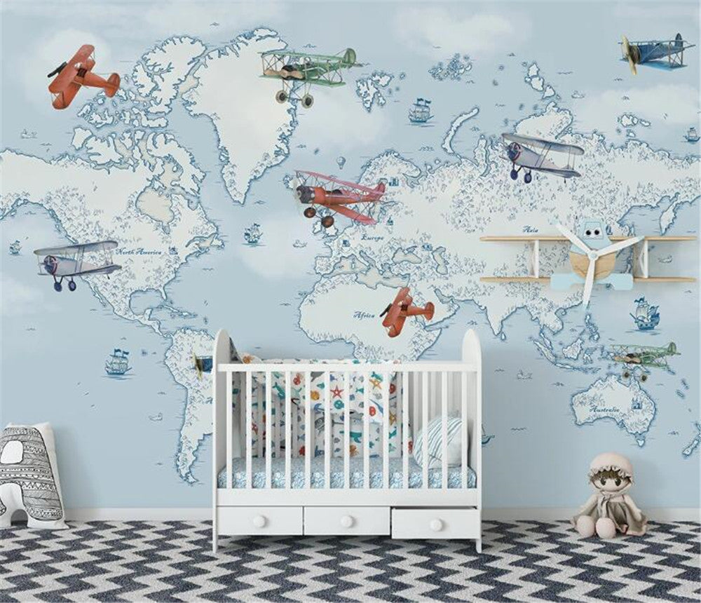 Blue World Map With Planes Wallpaper Mural
