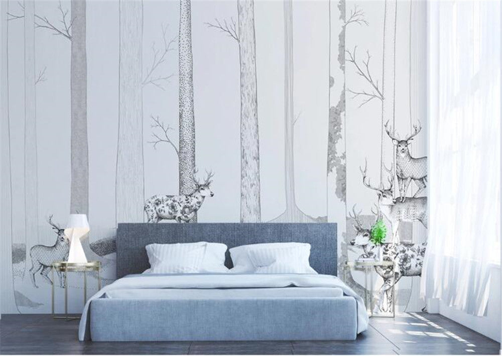 Hand-Painted Forest With Deer Wallpaper Mural