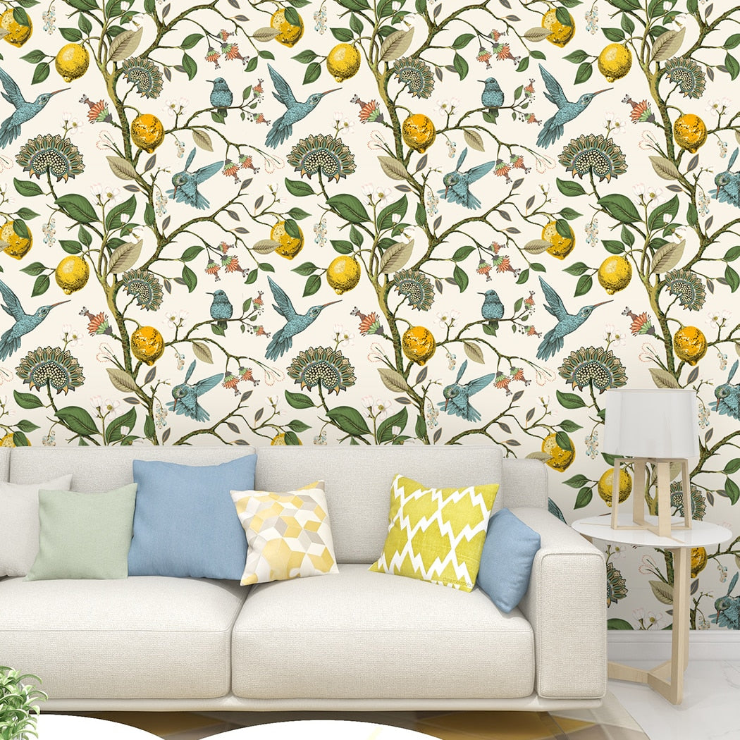 Blue Birds And Citruses Self-Adhesive Wallpaper
