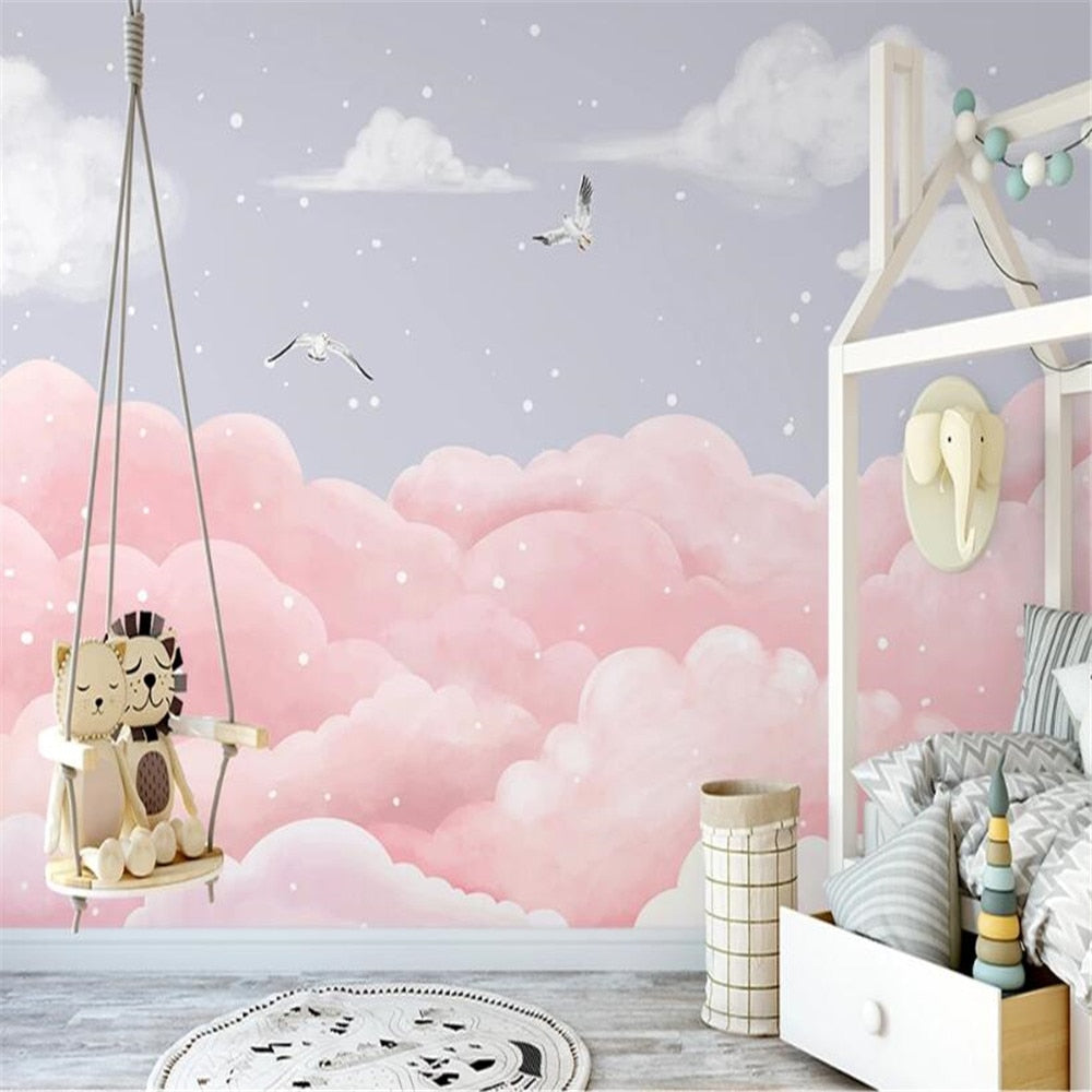 Pink Clouds With Little Birds Wallpaper Mural