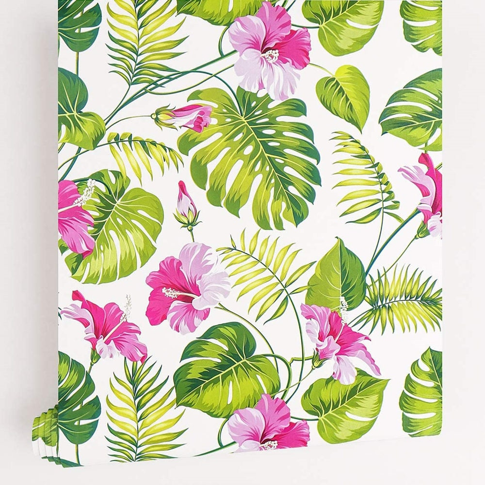 Pink Flowers And Leaves Self-Adhesive Wallpaper