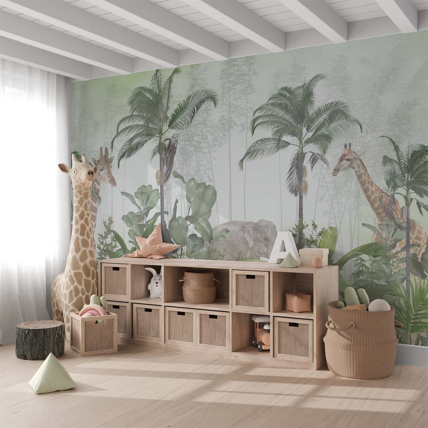 Light Green Painted Giraffe and Elephant Wallpaper Mural