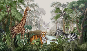 Realistic Jungle Animals River Wallpaper Mural