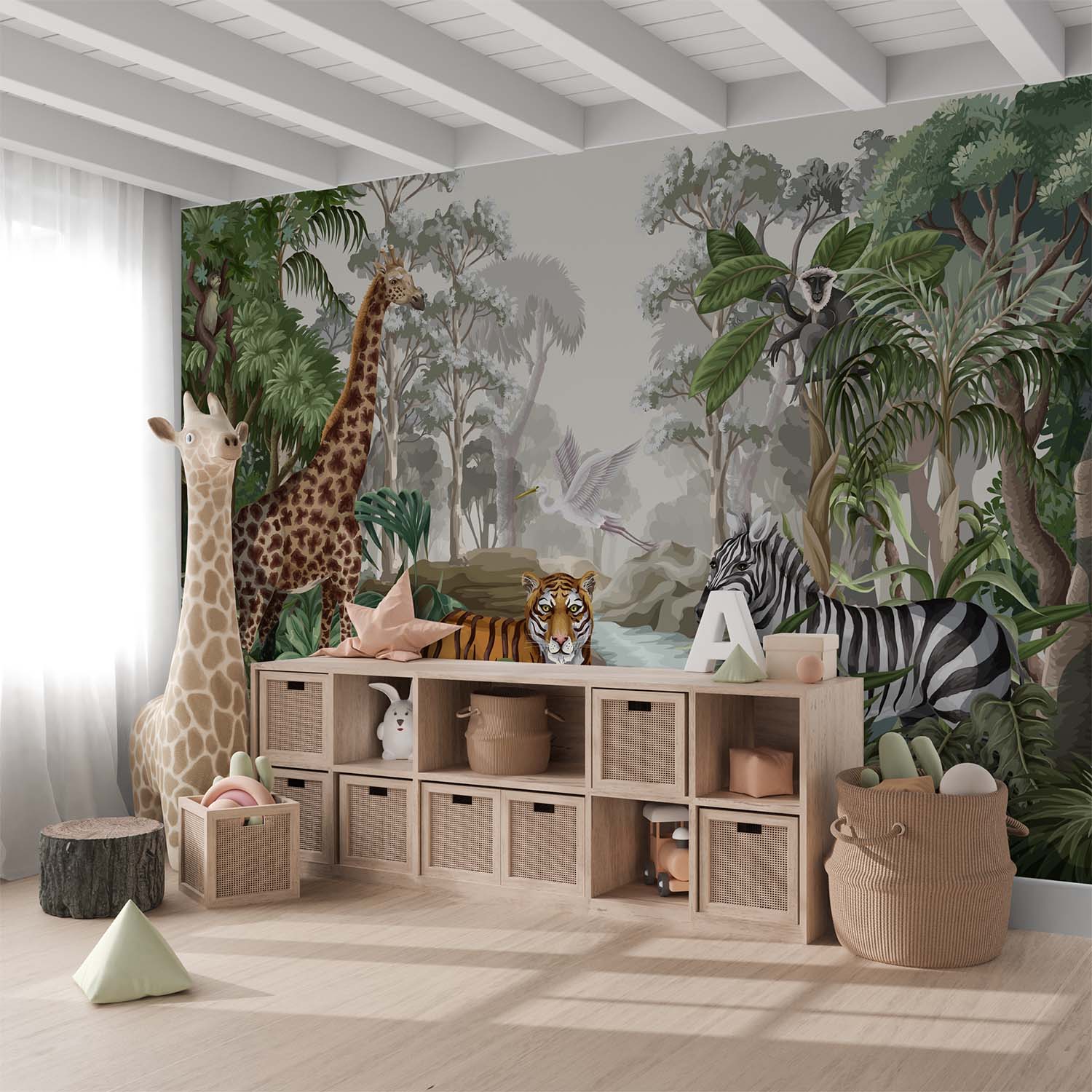 Realistic Jungle Animals River Wallpaper Mural