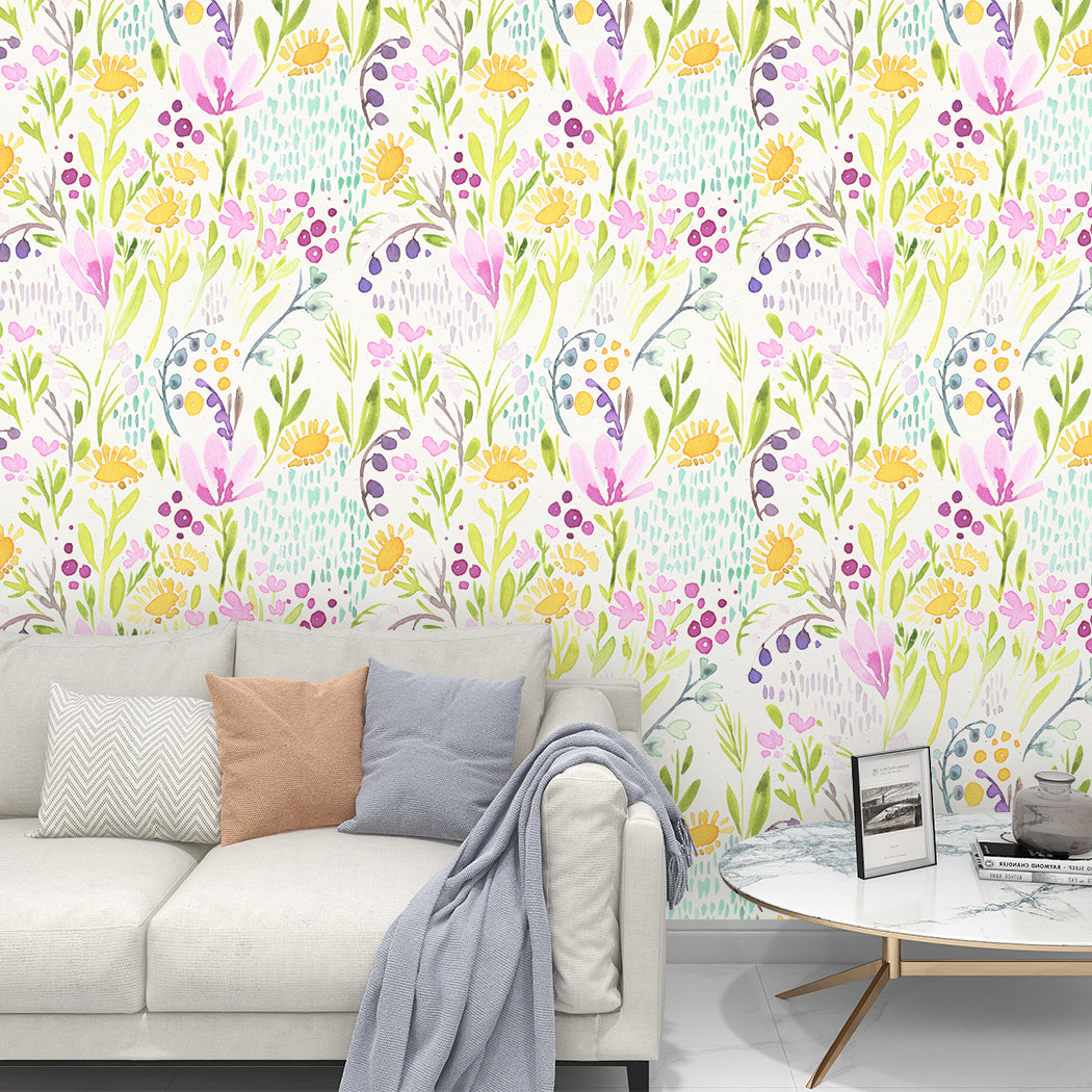 Watercolor Cheerful Flowers Peel And Stick Wallpaper