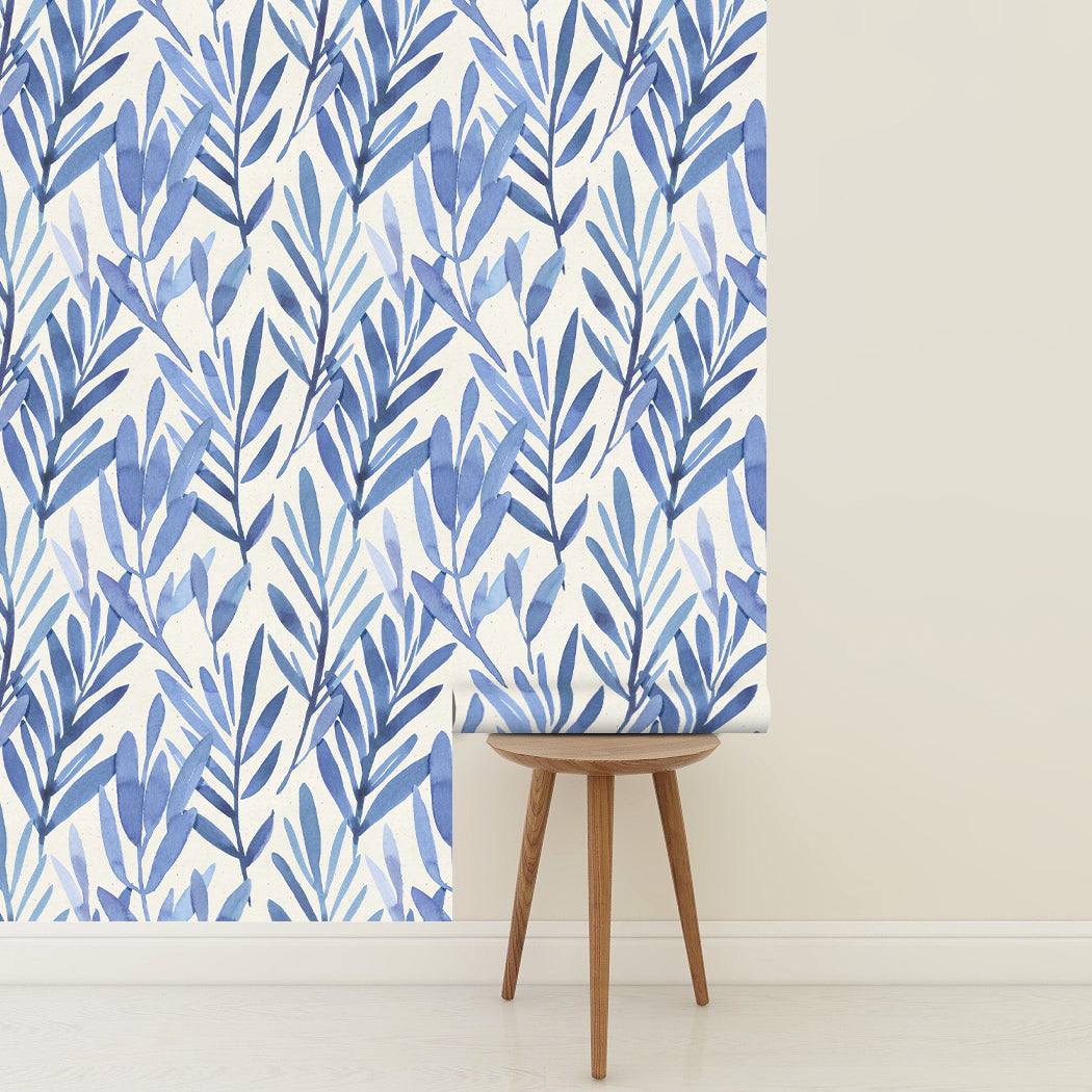 Watercolor Blue Leaves Peel And Stick Wallpaper