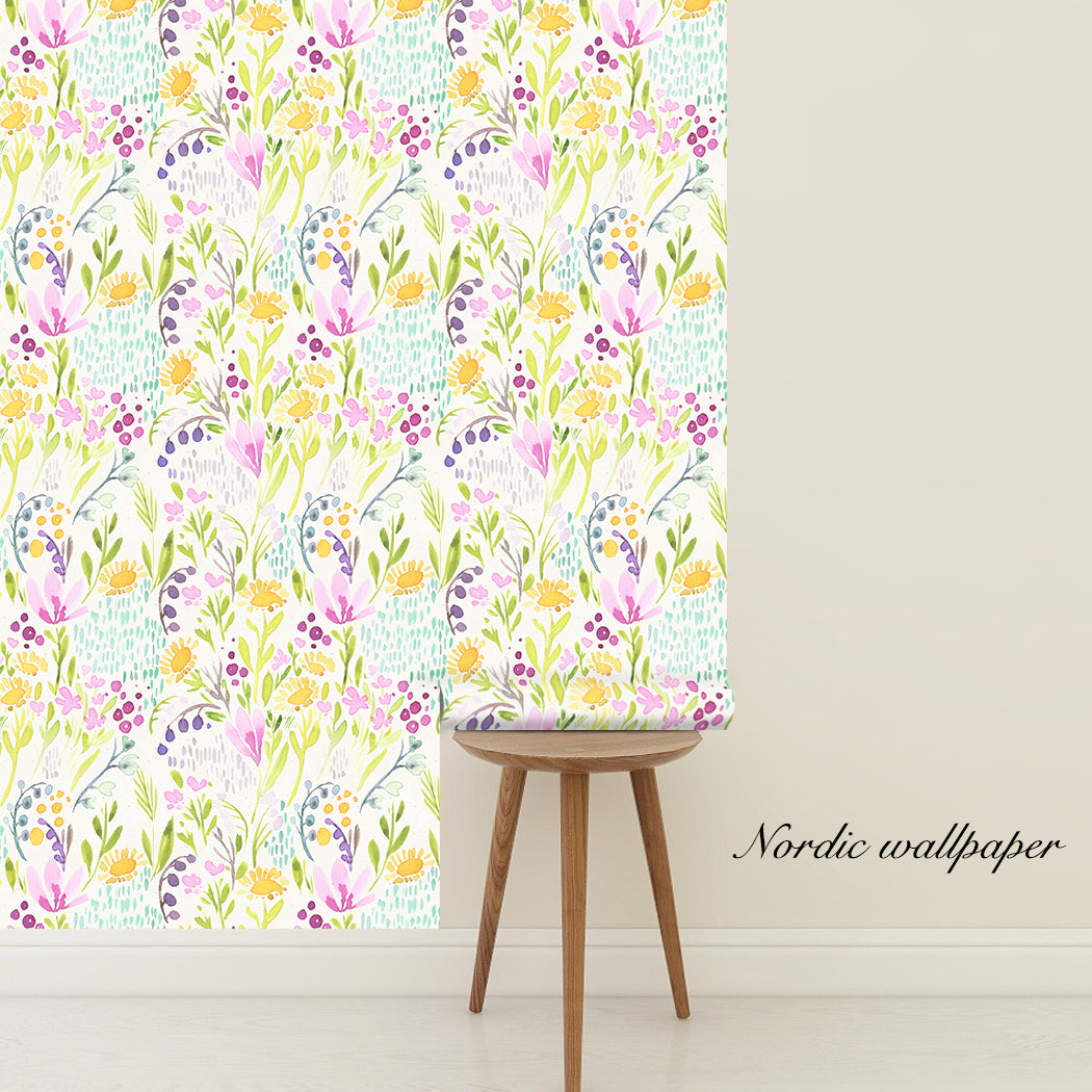 Watercolor Cheerful Flowers Peel And Stick Wallpaper