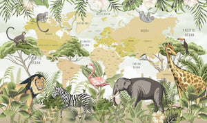 Safari Animals Ocher World Map Wallpaper Mural