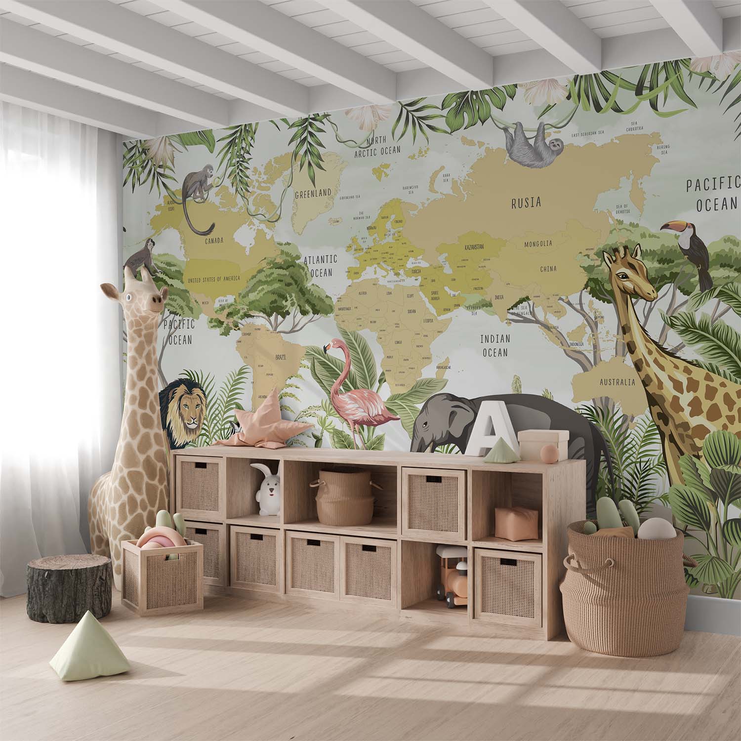 Safari Animals Ocher World Map Wallpaper Mural