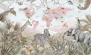 Safari Animals Pink World Map Wallpaper Mural