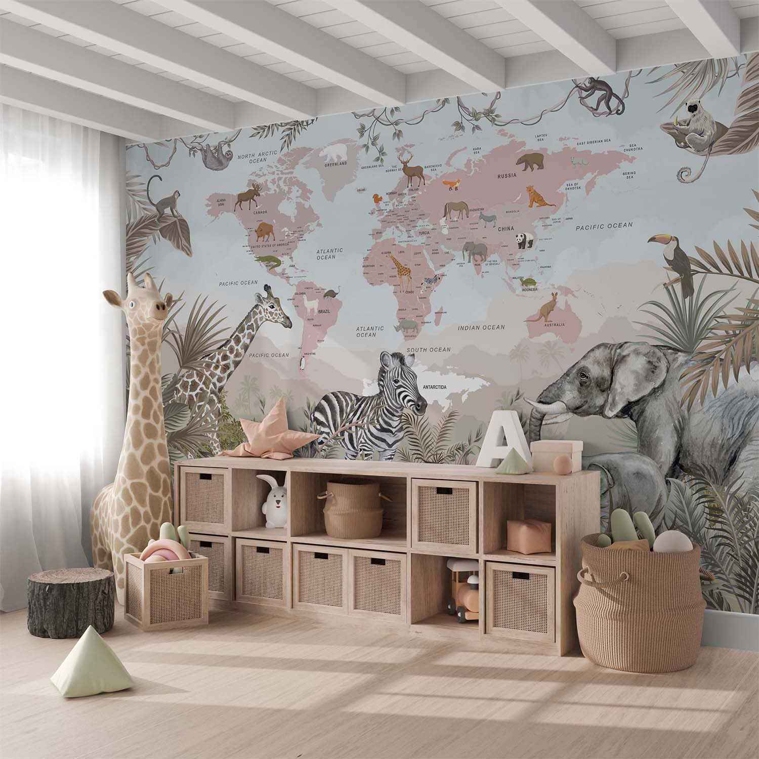 Safari Animals Pink World Map Wallpaper Mural