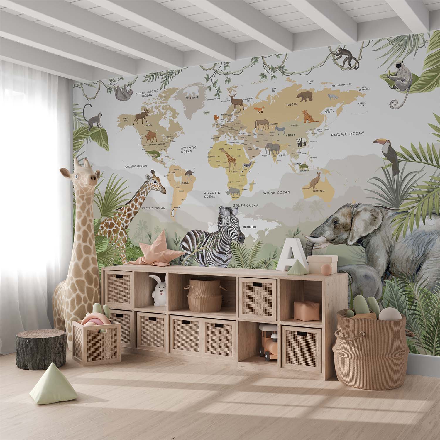 Safari Animals Yellow World Map Wallpaper Mural