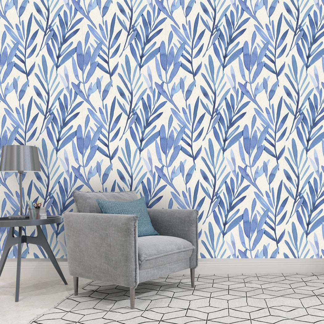 Watercolor Blue Leaves Peel And Stick Wallpaper