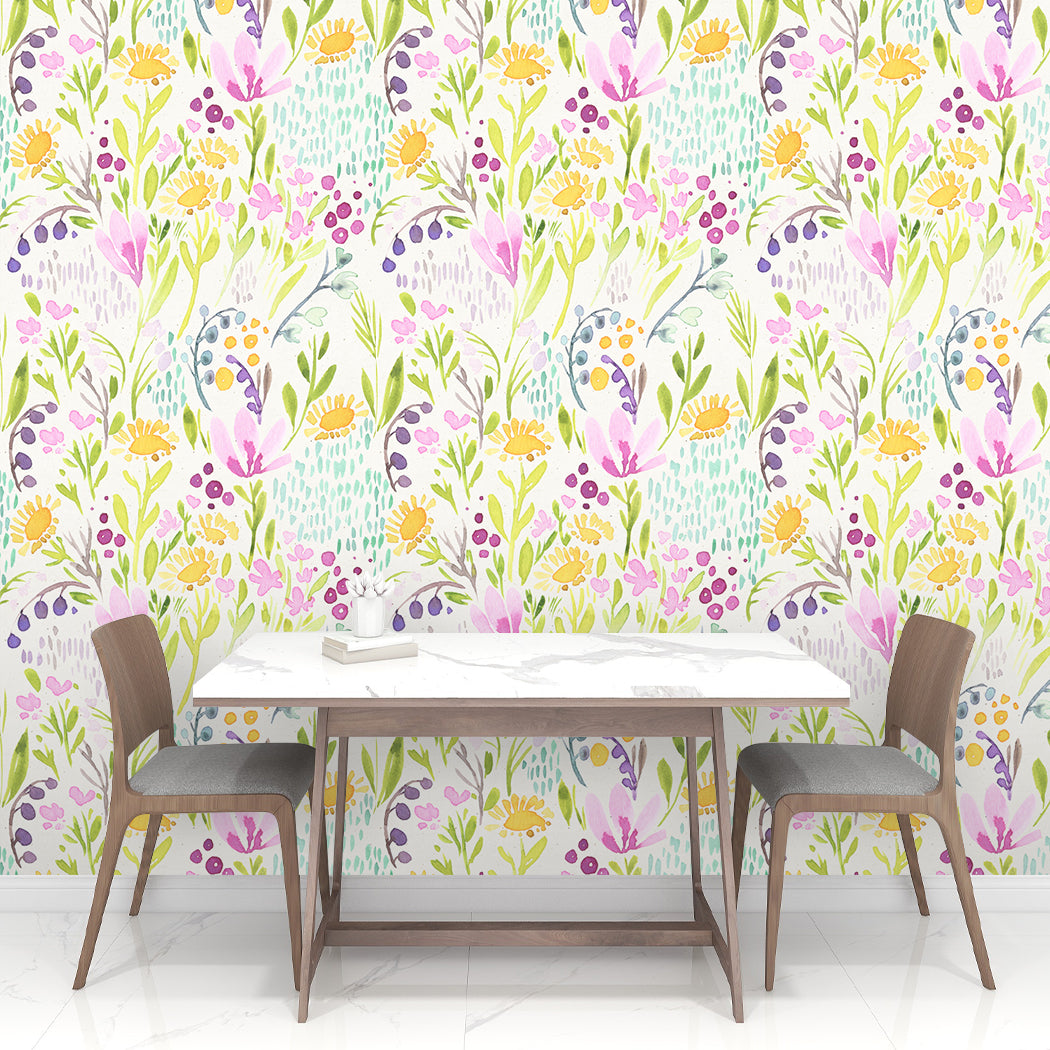 Watercolor Cheerful Flowers Peel And Stick Wallpaper