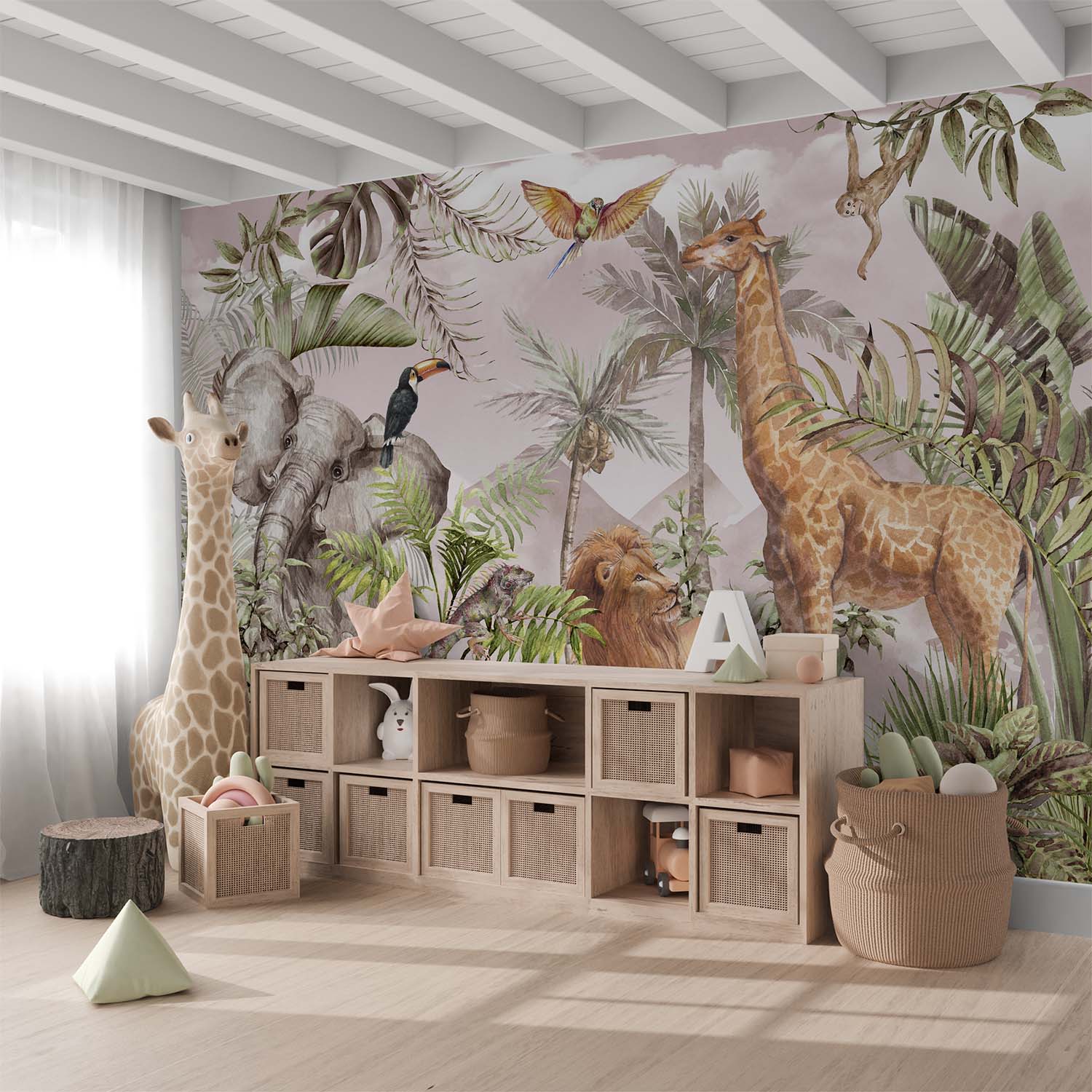 Tropical Wildlife Animals Jungle & Safari Pink Sky Wallpaper Mural