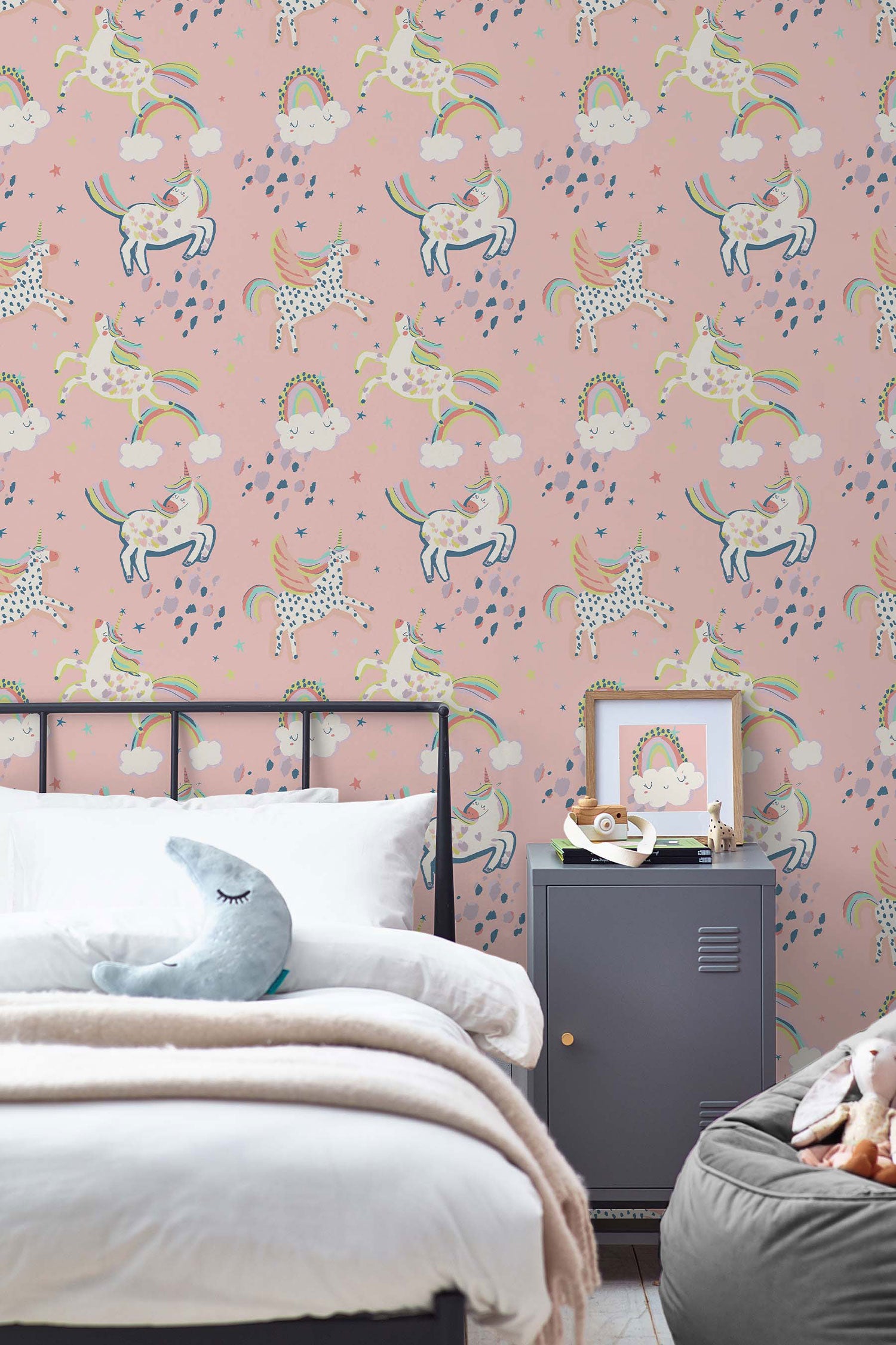 Children's pink wallpaper with rainbows and unicorns, 118328, Next