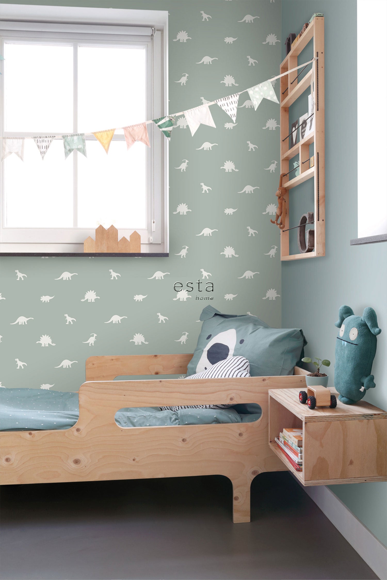 Green children's wallpaper with dinosaurs 139284, To the Moon and Back, Esta Home