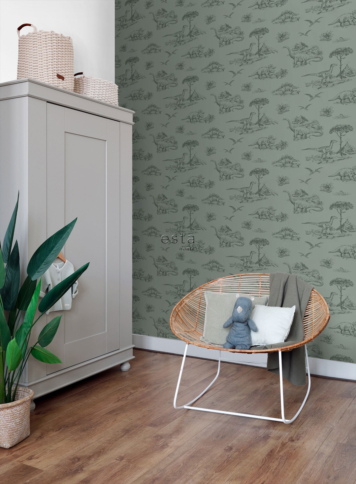Green children's wallpaper with dinosaurs 139358, To the Moon and Back, Esta Home