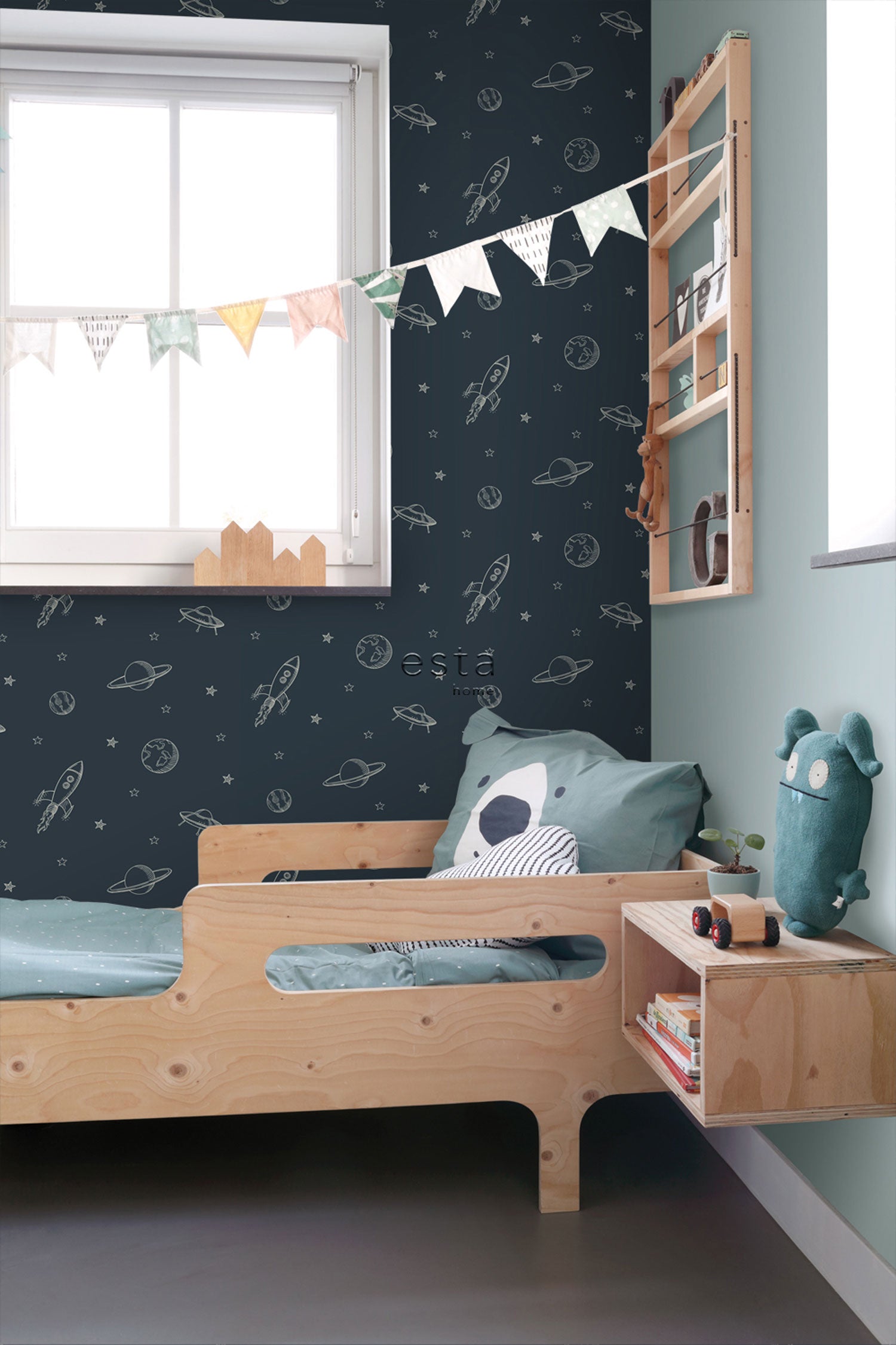 Blue non-woven wallpaper, Universe, 139422, To the Moon and Back, Esta Home